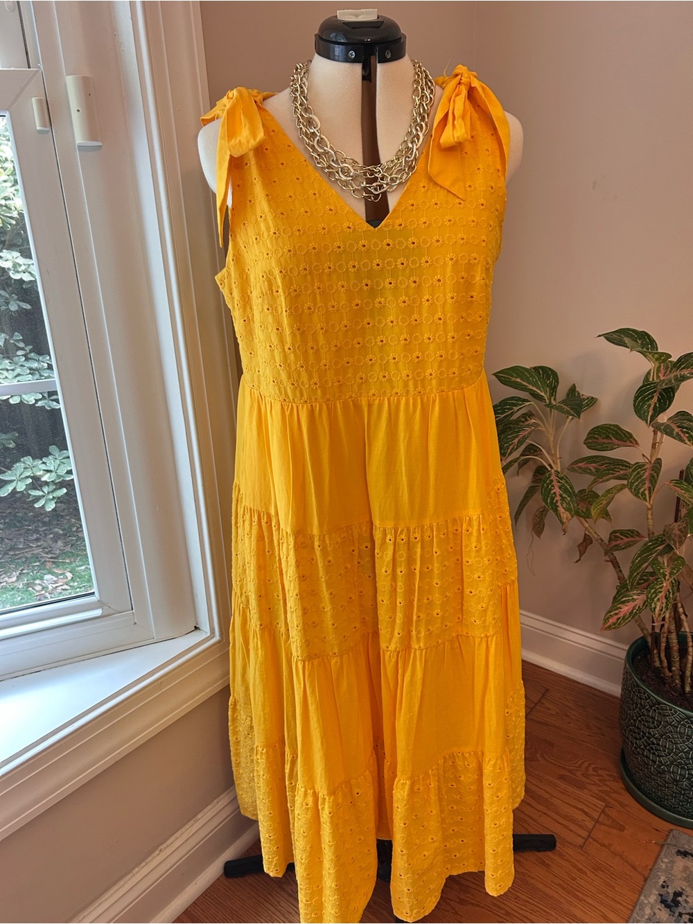 Tiered Eyelet Midi Dress with Tie Shoulders in Yellow
